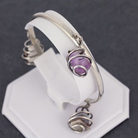 Vintage Sterling Silver 925 Purple Amethyst Agate Dangle Crystal Bangle 8.5" - Picture 2 of 12